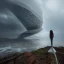 Placeholder: A princess standing. Epic scale. Heavy cold rain. Epic Thunderstorm. An engineer looking up. Futuristic scenary. Gray mist.