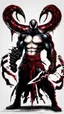 Placeholder: A close picture of Venom symbiote with kratos red tattoos and Clothes, holding blade of choice