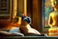 Placeholder: Elegant feline (Siamese cat) laying on Buddha statues lap, observing Thailand, painting impressionism, beautiful, artistic detailed Modifiers: elegant illustration intricate oil on canvas cinematic lighting very attractive beautiful dynamic lighting fantastic view close up hyperrealistic crisp quality hdr cinematic postprocessing Thomas Kinkade Caspar David Friedrich focused Craig Rutkowski