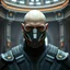 Placeholder: bald male corellian jedi wearing gunmetal grey and black old republic armored flightsuit and breath mask with gold and metallic red trim inside the jedi temple, centered head and shoulders portrait, hyperdetailed, dynamic lighting, hyperdetailed background, 8k resolution, volumetric lighting, light skin, fully symmetric details