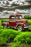 Placeholder: antique red pickup truck in a field no background