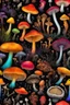 Placeholder: Diseased colourful mushrooms and fungi growing from black oil with a black background in the multiverse