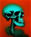 Placeholder: broken realistic skull. black background. smoke and explode. particles in air. teal and orange. abstract. beksinski.