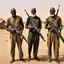 Placeholder: make a picture of 3 poor looking black men in a desert. they are in afghanistan. behind them is a raided village they are holding rifles. they look very very dangerous and have long white beards. they have ak47 rifles