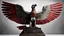 Placeholder: A silver statue of an Egyptian red eagle, with red gems on its profile side view, spreading its wings upwards in a V shape, captured under dramatic lighting and a wide-angle view.