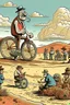 Placeholder: giant old bicycle with pepe on the top smoking in the desert with small people around in the style of Hiroshi Nagai