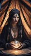 Placeholder: Hyper Realistic photographic-view of Wicked Fortune-teller wearing black-beed-necklace-&-bracelet angrily Looking at her crystal-ball glowing magically & sitting in her tent decorated with fancy-traditional-ornaments-&-feathers showing dramatic & cinematic ambiance"