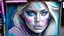 Placeholder: street artist draws a portrait of a blonde woman, charcoal, pencil, pink lips, blue eyes, fine drawing, hand with a brush