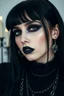 Placeholder: minimalism,amazingly beautiful fashion gothic girl black makeup closeup portrait covered in black lathered custom and heavy metal style , charm chains and candles in the background