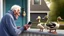 Placeholder: confused older man using cellphone on his porch trying to get the ducks to leave