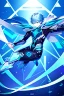 Placeholder: neon blue, flying parts of armor in form of triangles, cyber armor, geometric patterns on armor, male, orbiting triangle