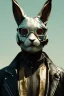 Placeholder: Medium Close Up Portrait, Front image. cyberpunk, rabbit mask, British man, white short hair. leather, gold suit. White, black, red, color. Retro futuristic style. Color background, photo studio. Avatar image, highly detailed, concept art, smooth, unreal engine 5, god rays, ray tracing, RTX, lumen lighting, ultra detail, volumetric lighting, 3d, finely drawn, high definition, high resolution.