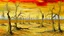 Placeholder: Orangish yellow bony wastelands with dry trees painted by Claude Monet