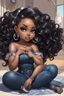 Placeholder: Create a futurism magna art of a black chibi curvy female sitting on the floor looking at herself in a hand mirror. She is wearing tight blue jeans and a black off the shoulder blouse. Prominent make up with lush lashes. Highly detailed long wavy hair. She is also wearing silver large hoop earringsart of a black chibi curvy female sitting on the floor looking at her cell phone. She is wearing tight blue jeans and a black off the shoulder blouse. Prominent make up with lush lashes.