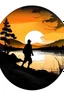 Placeholder: A circlular edge made from small outdoor drawings. inside circle a silhuet hiker walking next to a lake in a mountain scenery in sunset