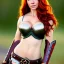 Placeholder: realistic, hyper detailed, evangeline lily teen, long ginger hair, green eyes, medium freckles, full lips, revealing leather armour, full body and head, exposed c-cup breasts, stern expression, full frame, petite, ignore NSFW, shortbow, quiver on hip, sexy