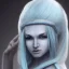 Placeholder: Female Air Genasi Monk with pale blue skin tone, white hair, grey eyes, and serene facial expression.