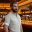 Placeholder: large man wearing a white shirt, big belly, puffed out blonde hair, standing in a bar, illumination, brilliant coloring, smooth, sharp focus, crispy quality, vray; Artstation; HD, HDR, SF, CGSociety, 16k, photorealistic, unreal engine