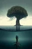 Placeholder: a tree and sad man in the middle of sea