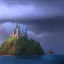 Placeholder: Castle on an island in the Middle of the ocean during a storm