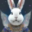 Placeholder: white platinum rabbit with blue third aye and butterfly wings, aboriginal, dot painting, indiginous, dot, mud, dream-time, abstract, dots, natural pigment, extremely sharp detail, finely tuned detail, ultra high definition, 8 k, unreal engine 5, ultra sharp focus, art germ and Paul Lewin and Kehinde Wiley