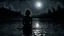 Placeholder: a sad woman sitting in the dark water with a full moon in the background, reflections on water, dark atmosphere, surreal, dramatic mood, water mists, in a shallow river, grieving. high detalied, intricate, swirly liquid ripples, an emo girl, dark deep colours, atmospheric, weird, crepy stunning