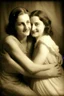 Placeholder: couple of women, one hugs the other from behind; dressed in chiffon nightgowns, medium shot, image photogrphy, 16K, toned to soft sepia tones