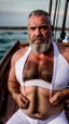 Placeholder: photography of a burly marocan fisherman sunbathing sitted in a fisher wooden boat, in little white french briefs, tattoo, manly chest, ugly, 54 years old, bullneck, white long beard, dreadlocks, muscular chubby, angry eyes, photorealistic, Canon EOS, 8k