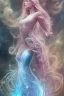 Placeholder: Create an image of a full body cosmic Goddess. The goddess should be depicted as a beautiful and powerful figure, surrounded by cosmic stars. Her hair should be long, blond and flowing, and she should be dressed in a flowing gown blue celestial robe. In the background, include imagery of pink flowers, blue sky,trees. The image should evoke a sense of joy, celebration, and spiritual connection to nature.