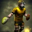 Placeholder: Joueur de rugby steampunk, masque à gaz, vêtements jaunes et noirs