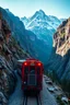 Placeholder: A train , train truck rides in stunning mountain landscape, mountain gorge, bright color palette, high detail, perfect composition, gcinematic shot, intricate details, hyperdetail