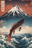 Placeholder: ukiyo e motif by Alfons Mucha, art HD 4K ultra high resolution,A highly detailed fish up the sea . realistic fish, tropical island, volcano. photo-real accurate