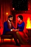 Placeholder: Fire place Christmas scene, dark haired couple, man with short black beard, blue eyes, young couple, graphic