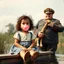 Placeholder: Nostalgic vintage color photograph of a preconscious girl with curly hair blowing a pink bubblegum bubble while sitting on a small dock of a summertime pond, standing behind her is a hugely fat man dressed in a US generals uniform with a cornhusk hat, general is holding a giraffe stuffed animal