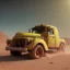 Placeholder: 3d rendering. Steampunk futuristic yellow truck. Buried in desert sand. Lost in Time, dramatic lighting, hyper realistic, cinematic lighting