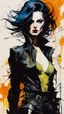 Placeholder: an Abstract Expressionist, ink oil, female, dark gothic assassin , La Femme Nikita, Aeon Flux, close up, full body, portrait illustration, in the style of Bill Sienkiewicz, Egon Schiele, Mike Mignola, and Jean-Giraud Moebius, with highly detailed hair and facial features, in vibrant chromatic color,