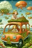 Placeholder: Walter Crane, Barbara Cooney, François-Louis Schmied, animesque wondrous strange Whimsical surreal fanciful Sci-Fi Fantasy country above the clouds Ukishima Beetle Taxi Fish in the sea of clouds、octopuses、jellyfish Little girl in a taxi Hyperdetailed high definition high resolution high quality masterpiece, detailed face