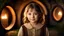 Placeholder: little young hobbit girl, beautiful, confident, calm, wise, happy, innocent, facing camera, head and shoulders, hobbit clothing, perfect eyes, LOTR village, hobbit homes with circular windows and round doors, night scene, stars, fireflies, 16k artistic photography, exquisite composition, photorealistic concept art, soft natural volumetric light, chiaroscuro, award-winning photograph, masterpiece, style William-Adolphe Bouguereau