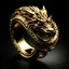 Placeholder: The image features a golden ring with a dragon design on it. The ring is circular in shape and has a gold dragon head on top, giving it an ornate and intricate appearance. The dragon's head is positioned towards the top left side of the ring, while the rest of the ring is smooth and shiny. The ring is placed on a black background, which highlights the golden color and intricate details of the dragon design.