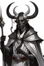 Placeholder: En Young male black skin black hair tiefling Wizard with large horns glowing Silver and White symbols Everywhere on his body. He's wearing silver and White Rope and a silver cloak. His horn a perfectly place on acet from the front to the back pointing upwards with glowing Red cat Eyes holding a quarterstaff. His close is elegant get simple his horns Are Same size. En his other hand his casting A Spell