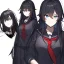 Placeholder: Clear focus, High resolution, long black fluffy hair, blue eyes, wearing a black sailor uniform, red tie, yandere, rough line sketch, dark aura, holding a katana