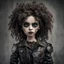 Placeholder: full color, illustration of a dark, menacing, curly haired, black leather clad motorcycle girl, tall and willowy , as a decayed, broken, crude homemade cloth doll toy, with a cracked porcelain face, thick dark eyebrows, hair made from ragged strips of cloth, in the style of Nadya Sheremet, shot with Sony Alpha a9 Il and Sony FE 200-600mm f/5.6-6.3 G OSS lens, natural light, hyper realistic photograph, ultra detailed -ar 3:2 -q 2 -s 750