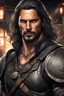 Placeholder: Adult man with Joe Manganiello's features, fair complexion, sporting shoulder length hair, intense eyes, warrior nomad, guarding a merchant shop, black leather armor, necklace, dynamic portrait, digital art, dramatic lighting, high detailed, graphic novel style