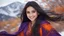 Placeholder: Hyper Realistic Close-up-face-view of a Beautiful Young Happy Pashto Girl with beautiful-eyes & long-black-hair smiling & wearing purple-&-orange-embroidery-dress-with-black-shawl whirling with breeze, tall-grass along with a thick-tree on mountain top & snowfall-day showing dramatic & cinematic ambiance