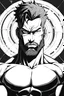 Placeholder: In a monocromatic black background put an anime-style full body picture of a man of average size and muscles with small black circled beard and medium size hair, black eyes, big nose, wearing a full black t-shirt