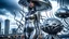 Placeholder: A slim young woman in a silver catsuit with circuitry, standing in a futuristic alien city holding an umbrella shaped like a mushroom with tentacles