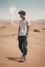 Placeholder: A 25-year-old boy in a men's sports t-shirt is walking in the desert thinking with his head down, smoking a cigarette, and possessing the power of a god