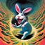 Placeholder: breathe in the air run rabbit run dig that hole forget the sun, sinister cartoon rabbit with gaping open mouth that leads into a swirling abyss, hipgnosis studio album cover for Pink Floyd, psychedelia, by Alex Ross and Gerald Scarfe, psychedelic colors, mindbending surrealism.