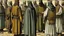 Placeholder: Rear view in 1490 of Andalusian men gathered around a commander in old Arab dress