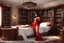 Placeholder: photorealistic Vampirella in a bedroom with wooden furniture, bookcases and opulence